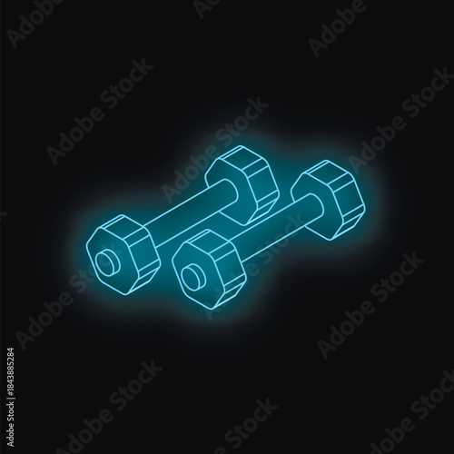 Neon blue dumbbells shining on a dark background, symbolizing workout, strength training, and gym activity