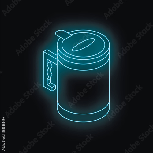 Isometric view of a glowing blue travel mug with a handle and lid, radiating a futuristic vibe on a dark background