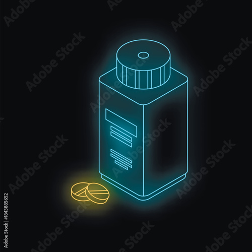 Neon blue medicine bottle and yellow pills glowing on dark background, representing healthcare, pharmacy, and medical treatment
