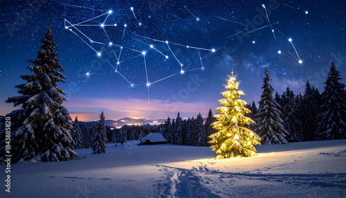 Snowy forest at night with starry sky, illustrated constellations, and visible Milky Way above pine trees