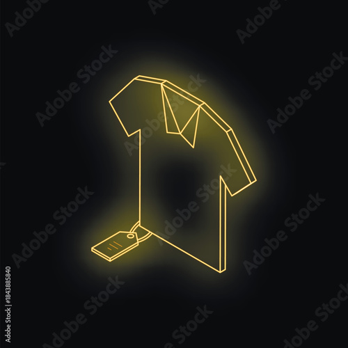 Neon yellow isometric polo shirt with price tag glowing on black background representing online shopping and discounts