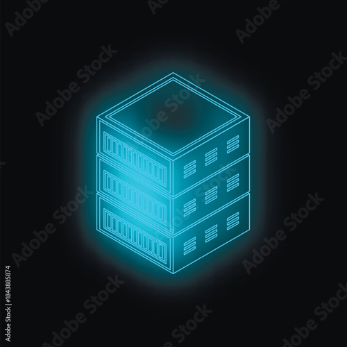 Neon blue server rack glowing on a dark background, representing data storage, cloud computing, and powerful processing capabilities