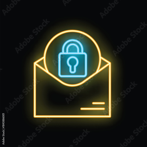 Neon icon of a locked envelope is glowing, representing the concept of email security