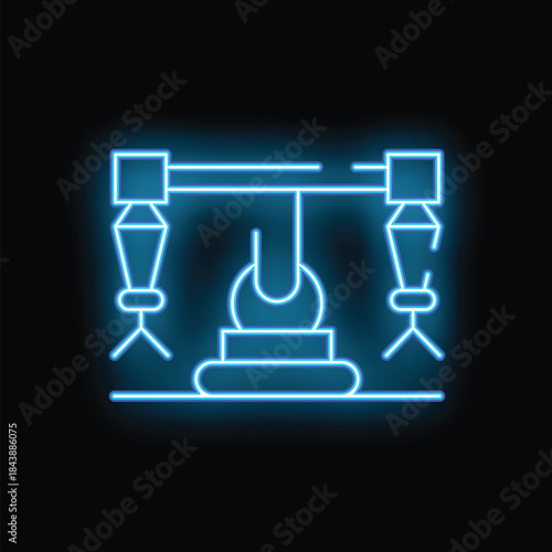 Neon blue icon of an industrial robot lifting mechanism on a black background