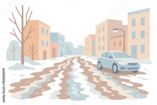 Snowy urban landscape with pastel buildings and car on a winter road