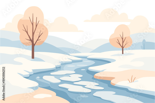 Serene winter landscape with flowing river and snow-covered scenery