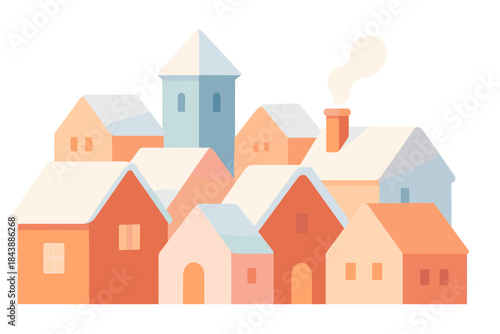 Charming winter village scene with snow-covered rooftops in pastel tones