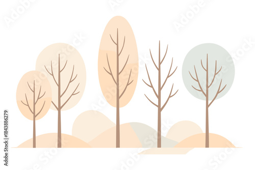 Minimalist autumn trees in pastel hues with bare branches