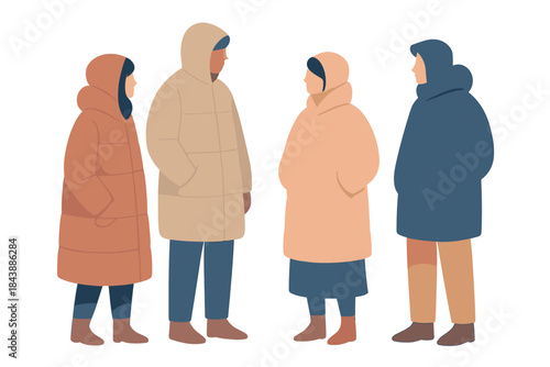 Group of diverse people in winter coats engaged in conversation on white background