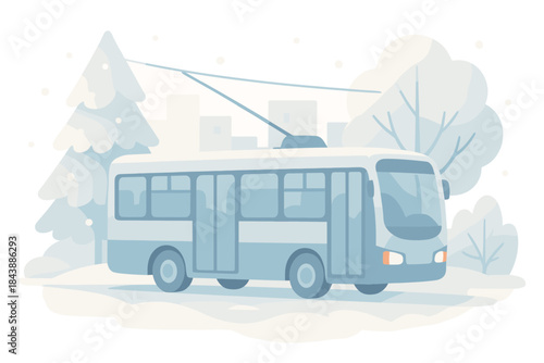 Vintage trolley bus in winter scene with urban background in pastel colors