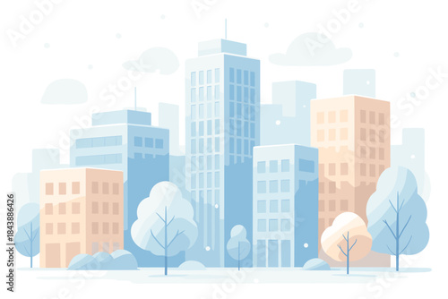 Minimalist pastel cityscape with modern buildings and trees in soft colors