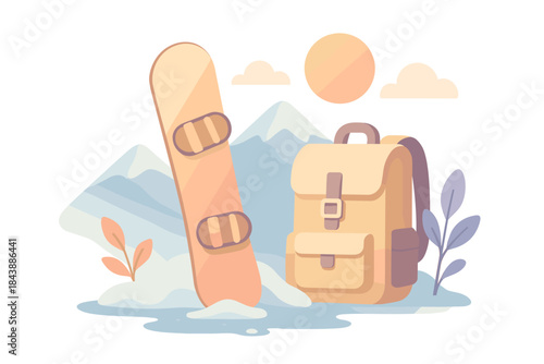 Winter adventure essentials: snowboard and backpack in minimalist mountain scene
