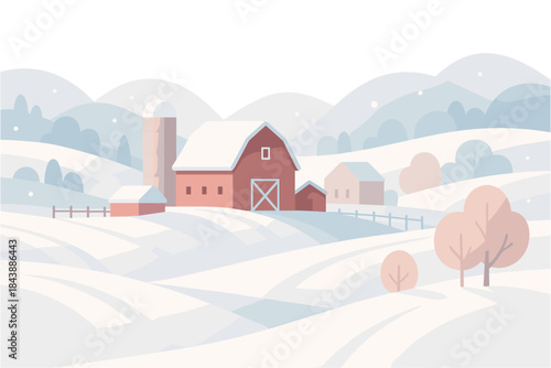 Cozy winter farm scene with snow-covered hills and trees in pastel tones