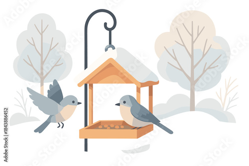 Winter scene with birds enjoying a snow-covered feeder in tranquil forest