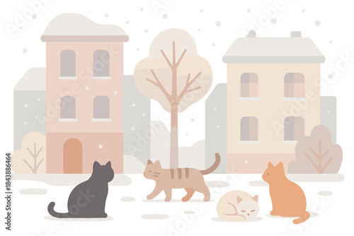 Charming winter scene with cats in a cozy neighborhood