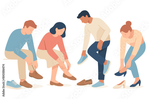 Group of people trying on shoes in a store setting with minimalist design