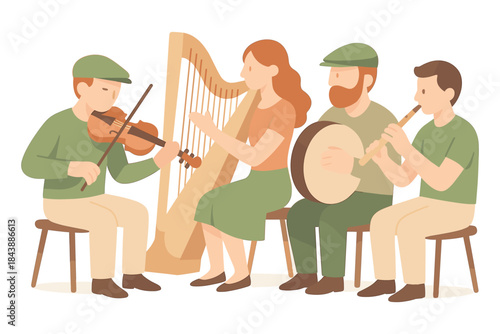 Folk band playing traditional instruments in flat design art style