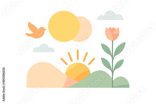 Minimalist nature scene with sunrise, bird, and flowers in pastel tones