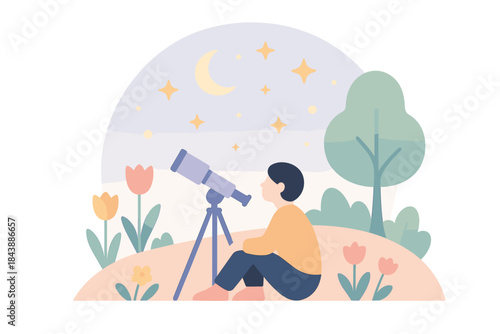 Stargazing adventure: young astronomer with telescope under night sky in floral landscape