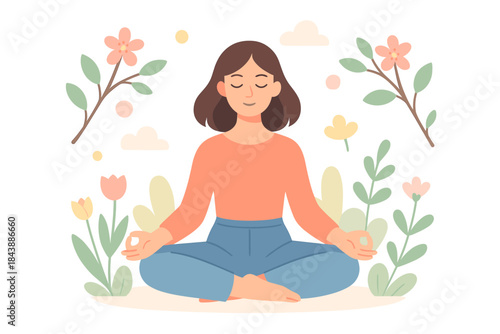 Serene meditation in nature: peaceful woman practicing yoga among flowers and leaves