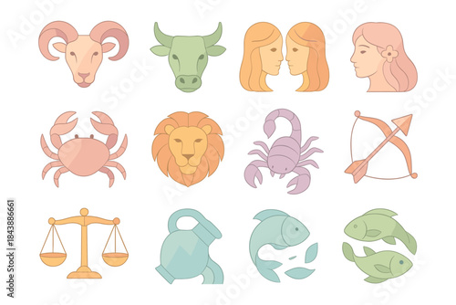 Zodiac signs flat style set featuring aries, taurus, gemini, cancer, leo, scorpio, sagittarius, libra, aquarius, pisces