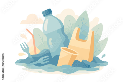 Zero waste concept: say no to plastic with eco-friendly alternatives in nature-inspired flat design