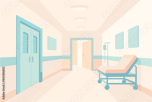 Minimalist hospital corridor with medical trolley in pastel tones