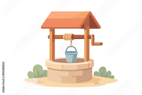 Rustic wooden water well with bucket and crank handle in flat design