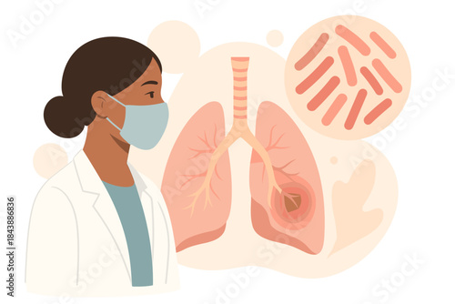 Medical professional in mask analyzing lung health with bacteria diagram in background