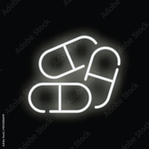 White neon sign of three medical pills glowing on black background