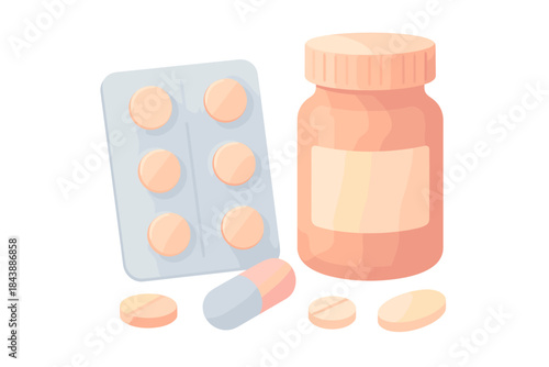 Pharmaceutical medicine concept with pill blister pack and supplement bottle