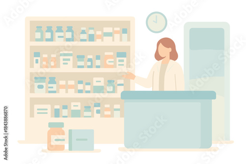 Modern pharmacy interior with pharmacist and medicine display