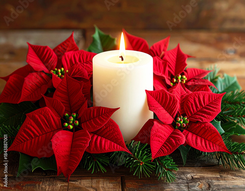 Red poinsettia arrangement with a white candle, closeup. AI