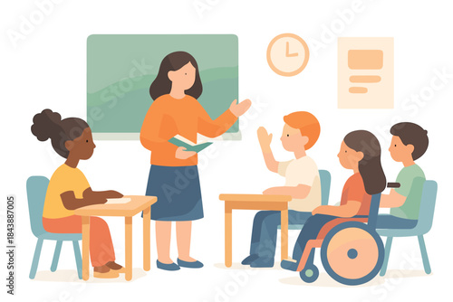 Inclusive classroom with diverse students and female teacher engaged in learning