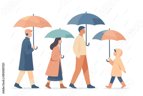 Family walking in the rain with umbrellas in minimalist flat art style