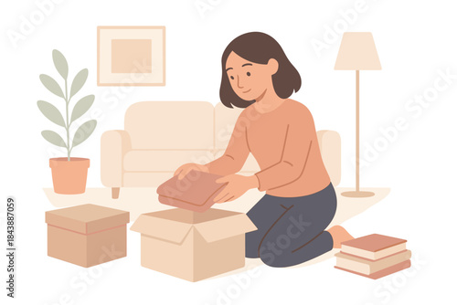 Woman organizing books in cozy living room with boxes and plant