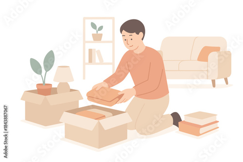 Organizing home: unpacking and arranging in cozy living room scene