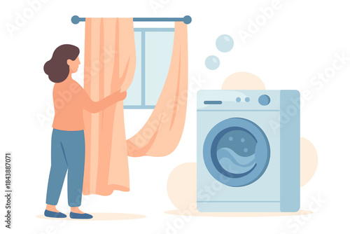Woman adjusting curtains near washing machine in modern home interior