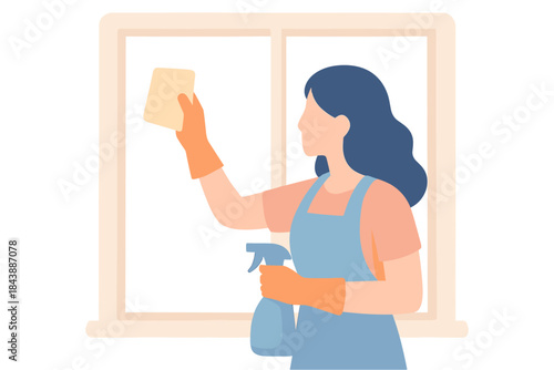 Woman cleaning window in apron with spray bottle and gloves, flat design