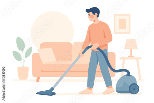 Man vacuuming living room in cozy home interior scene in modern flat design