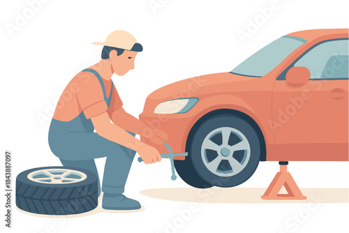 Mechanic changing car tire with wrench in flat design style