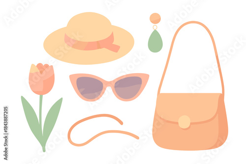 Pastel spring accessories: chic essentials including hat, sunglasses, and handbag