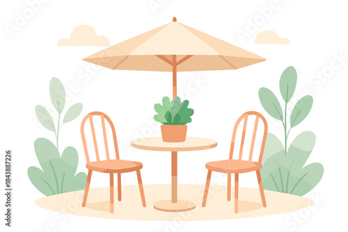 Cozy outdoor patio scene with table, chairs, and umbrella in soft pastel colors