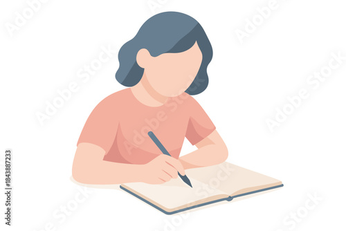 Flat style woman writing in notebook with blank face illustration