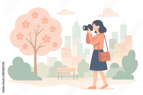 Woman photographer in park with cherry blossom tree and cityscape in pastel colors