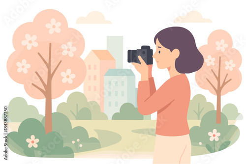 Woman photographer capturing nature in a pastel park setting