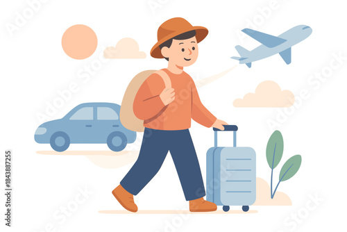 Young traveler with luggage walking toward a journey in a flat design adventure scene