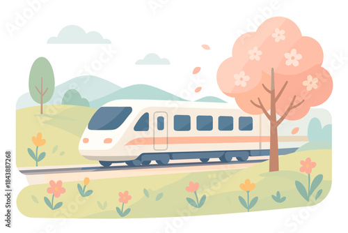 Modern train traveling through serene pastel landscape with blossoming cherry blossom tree
