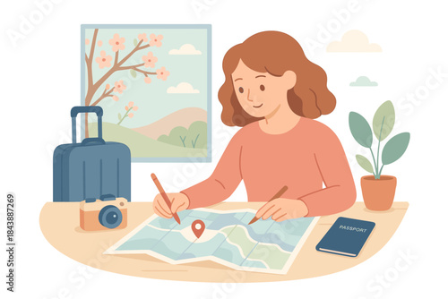 Woman planning travel adventure at home with map and passport by window