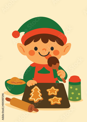 elf baking cookies and licking spoon, kawaii vector